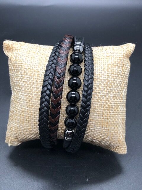 Bracelet Cuir et Pierres Onyx noir